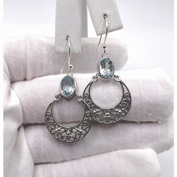 Genuine Blue Topaz Dangle .925 Sterling Silver Earrings